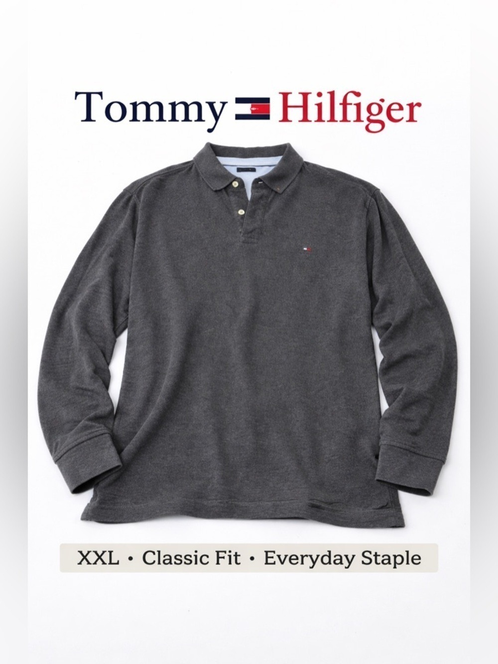 Tommy Hilfiger Men’s XXL Gray Long Sleeve Polo Shirt Logo Classic Preppy